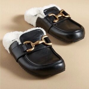 Anthropologie Bibi Lou Sherpa Lined Mule Clogs Black Leather